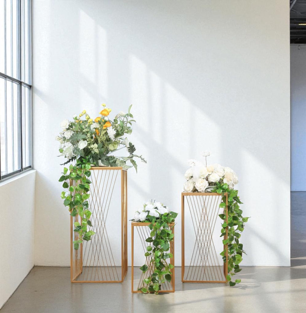 Gold Metal Rectangular Pedestal Stands Set of 3 - Rental