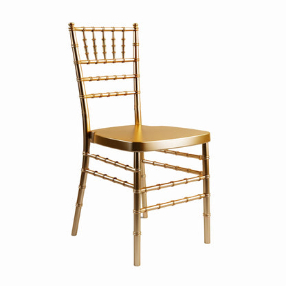 A photograph of modern Chiavari chairs with no cushion available for event rentals.