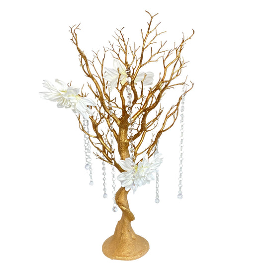 Gold manzanita tree rental. Tree is accented with white dahlia flowers.