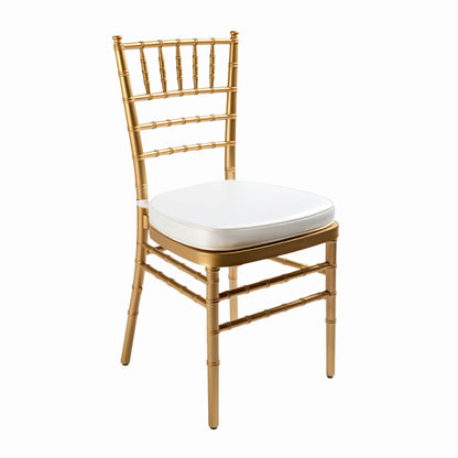 A photograph of modern Chiavari chairs with white cushions available for event rentals.