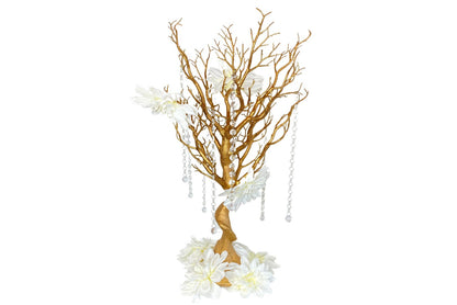 Gold manzanita tree table centerpiece with white dahlia flowers and hanging crystals. Centerpiece is available for rent.