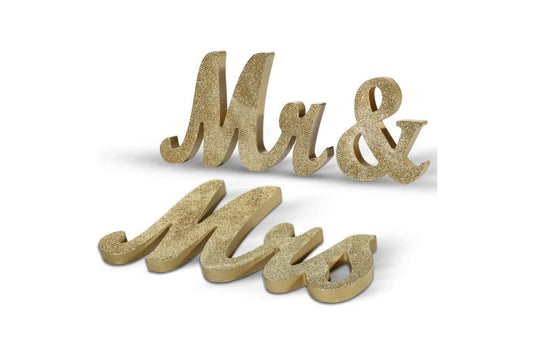 mr and mrs gold glitter table decoration rental