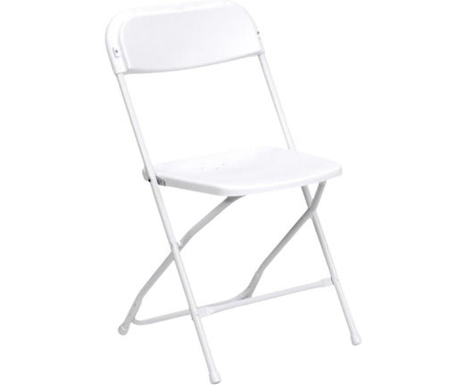 White folding chair available for rent.  Nassau County, NY