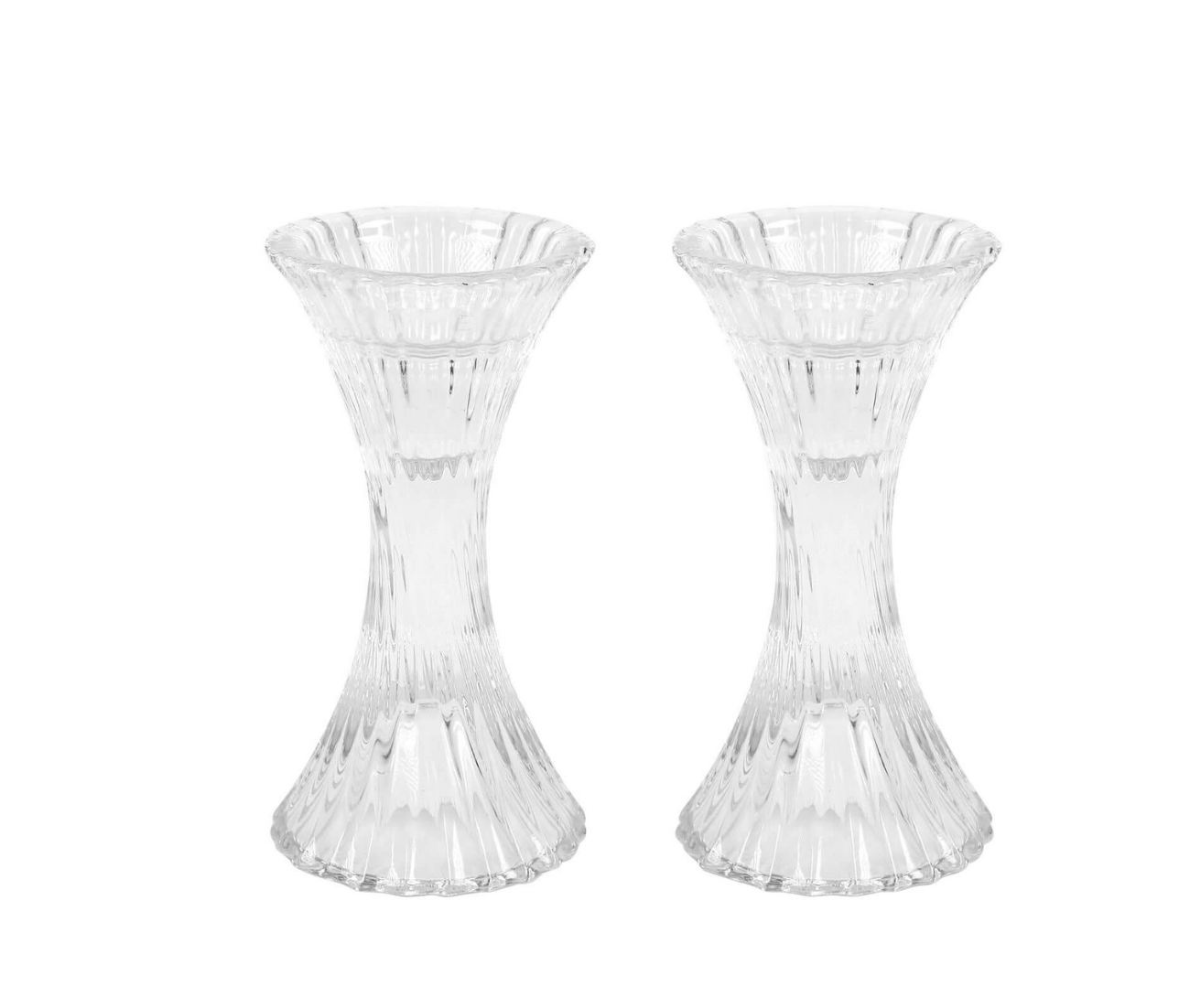 Pack Clear Crystal Hour Glass Pillar Candlestick Stands, Reversible Taper Candle Holders With Diagonal Stripes 5"