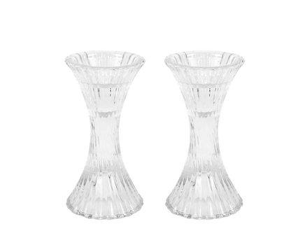 Pack Clear Crystal Hour Glass Pillar Candlestick Stands, Reversible Taper Candle Holders With Diagonal Stripes 5"