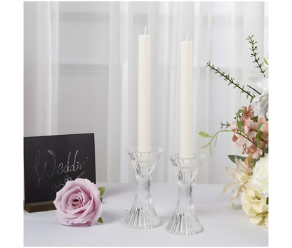 Pack Clear Crystal Hour Glass Pillar Candlestick Stands, Reversible Taper Candle Holders With Diagonal Stripes 5"