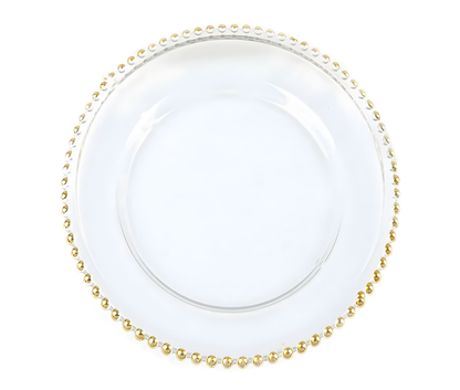 Gold Beaded Round Glass Charger Plates, Event Tabletop Decor 12"