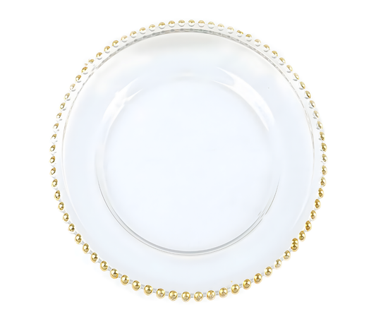 Gold Beaded Round Glass Charger Plates, Event Tabletop Decor 12"