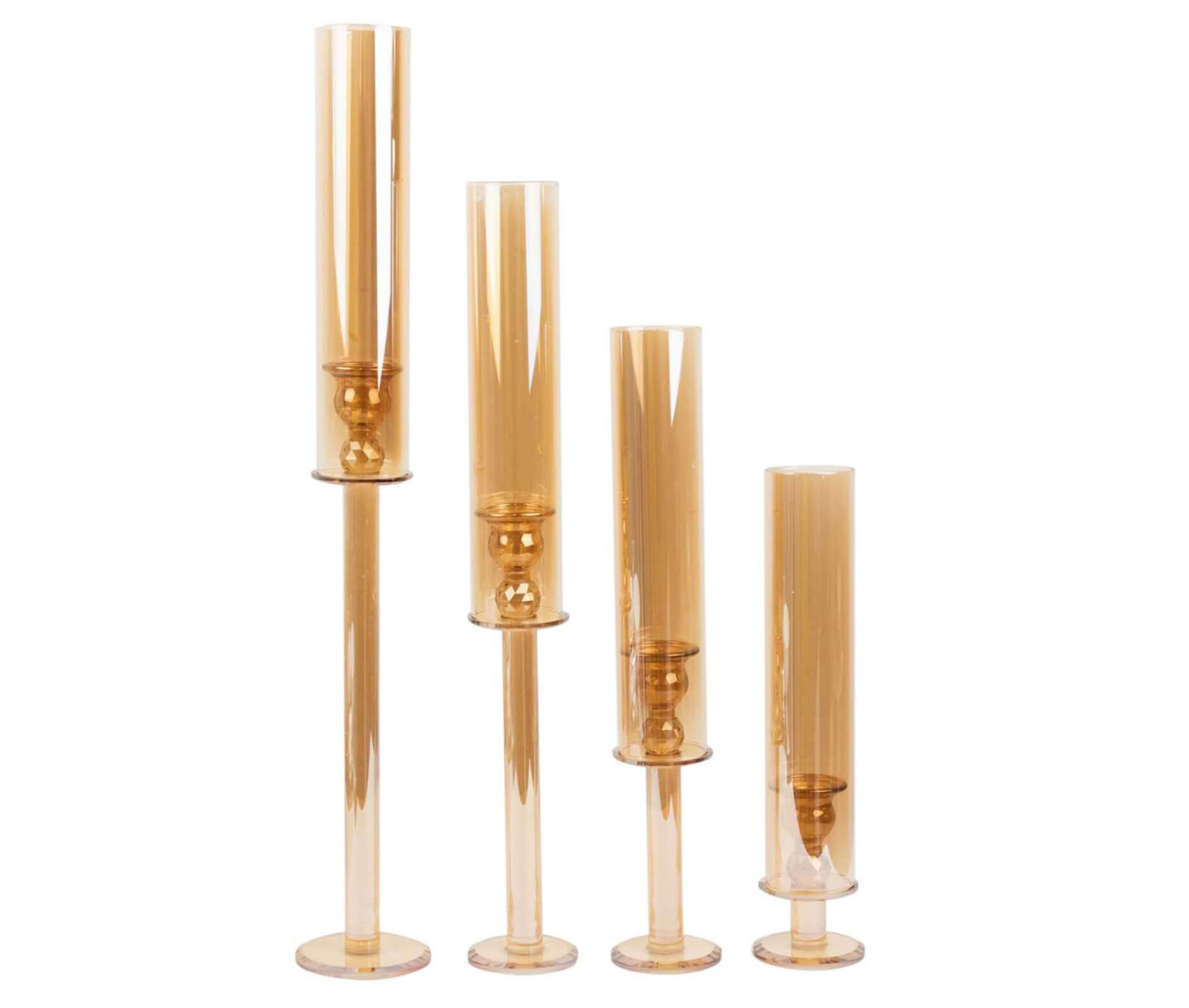 Gold Crystal Glass Hurricane Taper Candle Holders With Tall Cylinder Chimney Tubes - 14", 18", 22", 26"