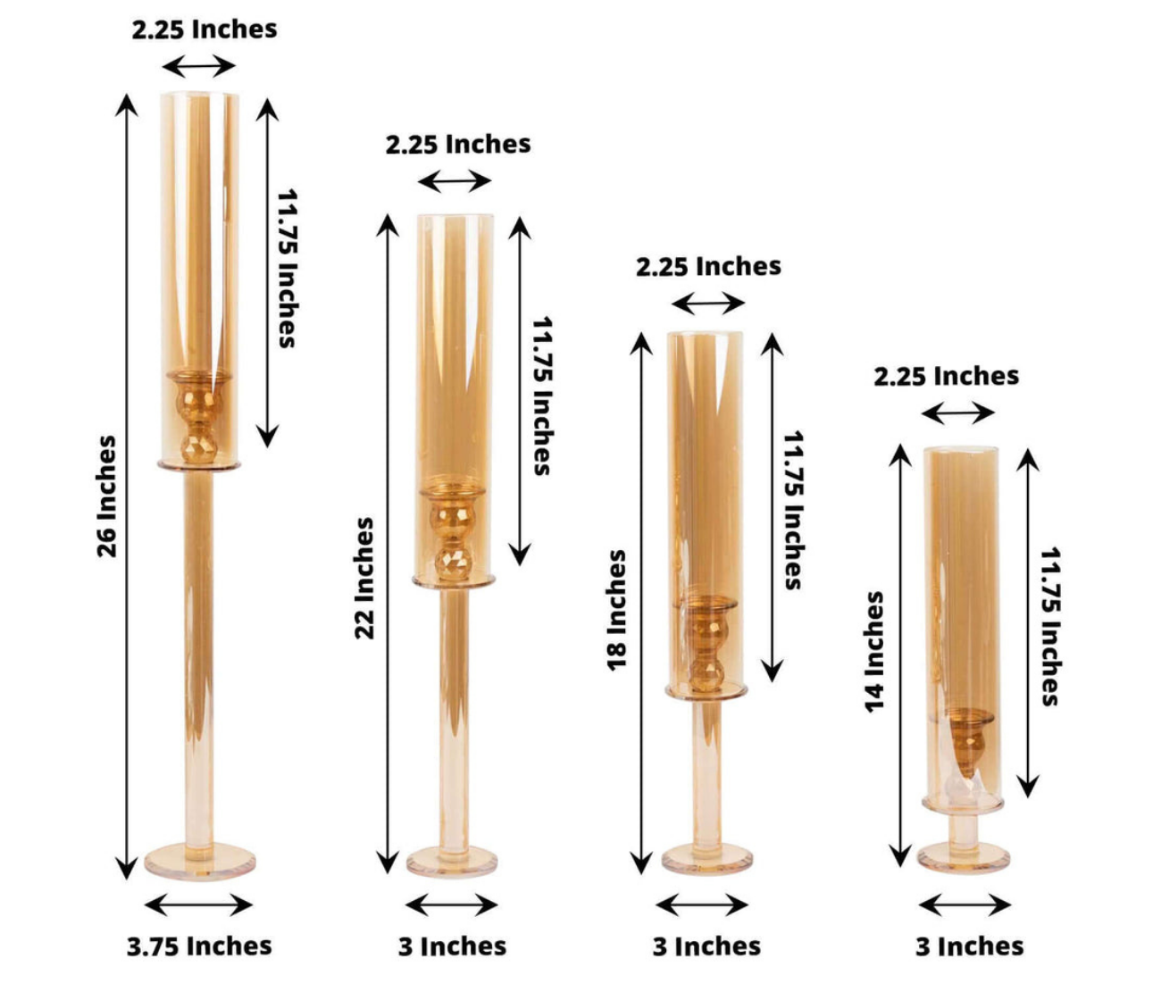 Gold Crystal Glass Hurricane Taper Candle Holders With Tall Cylinder Chimney Tubes - 14", 18", 22", 26" sizes