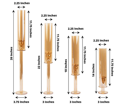 Gold Crystal Glass Hurricane Taper Candle Holders With Tall Cylinder Chimney Tubes - 14", 18", 22", 26" sizes