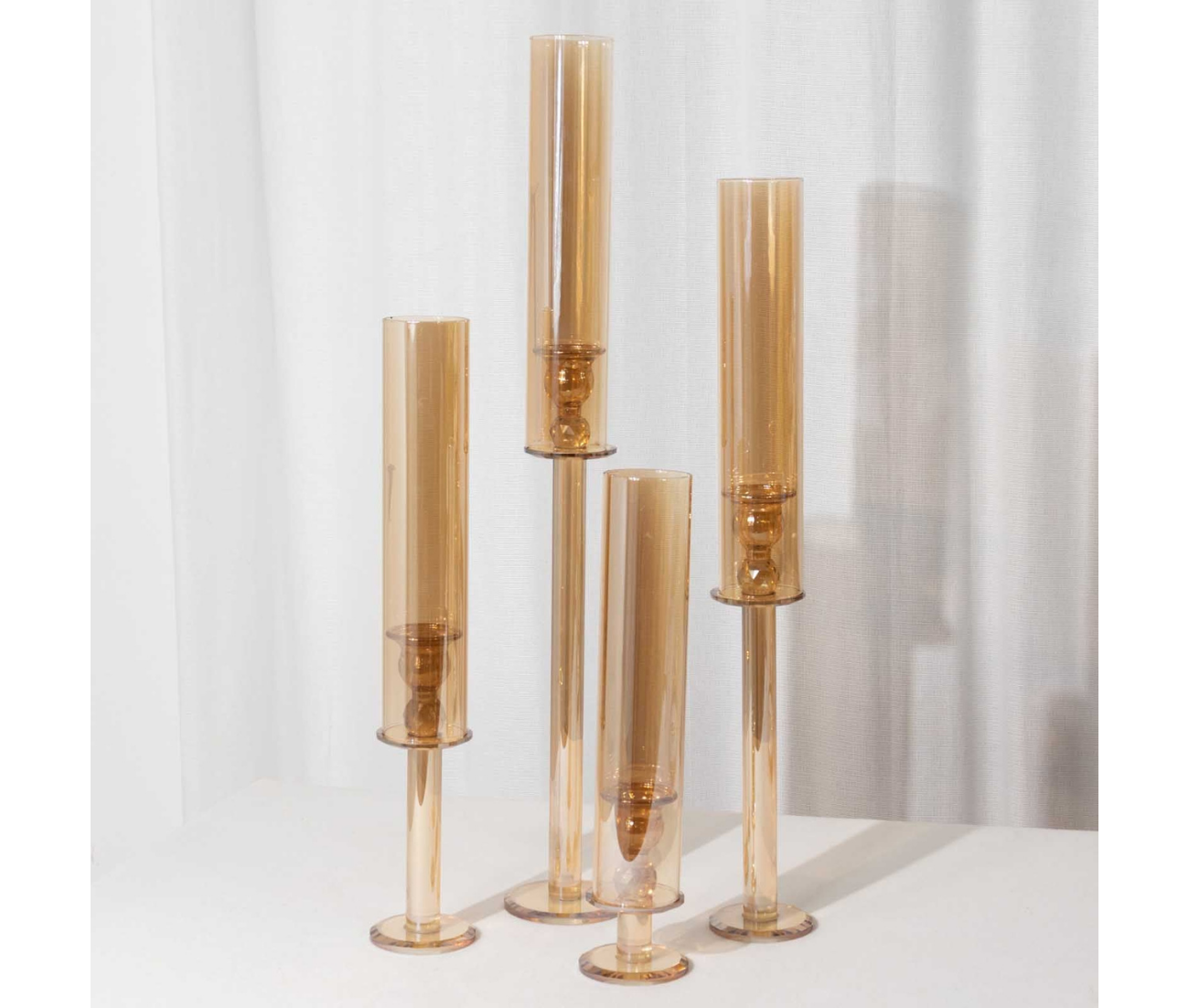 Gold Crystal Glass Hurricane Taper Candle Holders With Tall Cylinder Chimney Tubes - 14", 18", 22", 26"