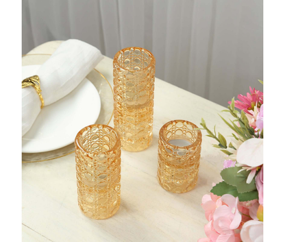 Wildly Custom Gold Glass Taper Candle Holders with Gemstone Pattern, Dual Sided Crystal Cylinder Tealight Candle Stick Stand - 3",4",5.5"