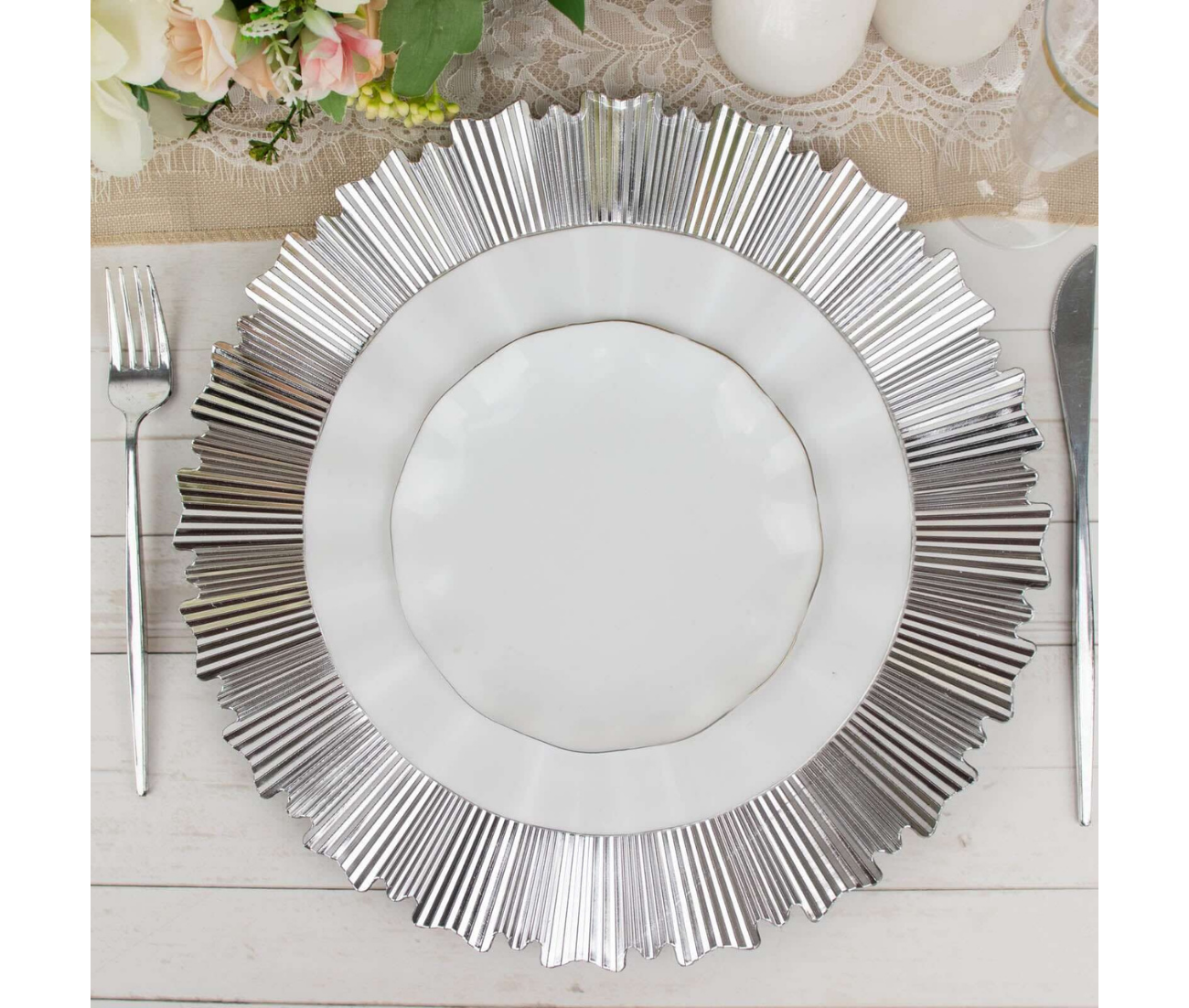 Acrylic Plastic Charger Plates 13" Round Metallic Silver with Sunray Scalloped Rim - Dinner Charger Tableware