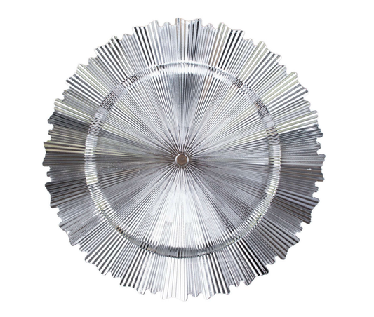 Acrylic Plastic Charger Plates 13" Round Metallic Silver with Sunray Scalloped Rim - Dinner Charger Tableware