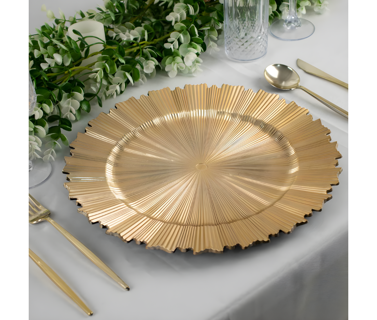 Acrylic Plastic Charger Plates 13" Round Metallic Gold with Sunray Scalloped Rim - Dinner Charger Tableware