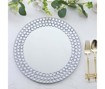 Wildly Custom Silver Mirror Glass Charger Plates with Diamond Beaded Rim 13" Round