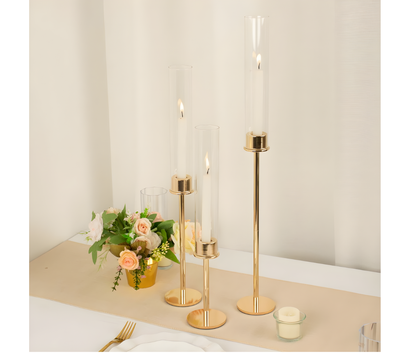 Tall Gold Metal Clear Glass Taper Candlestick Holders, Hurricane Candle Stands With Glass Chimney Candle Shades 16", 20", 24"