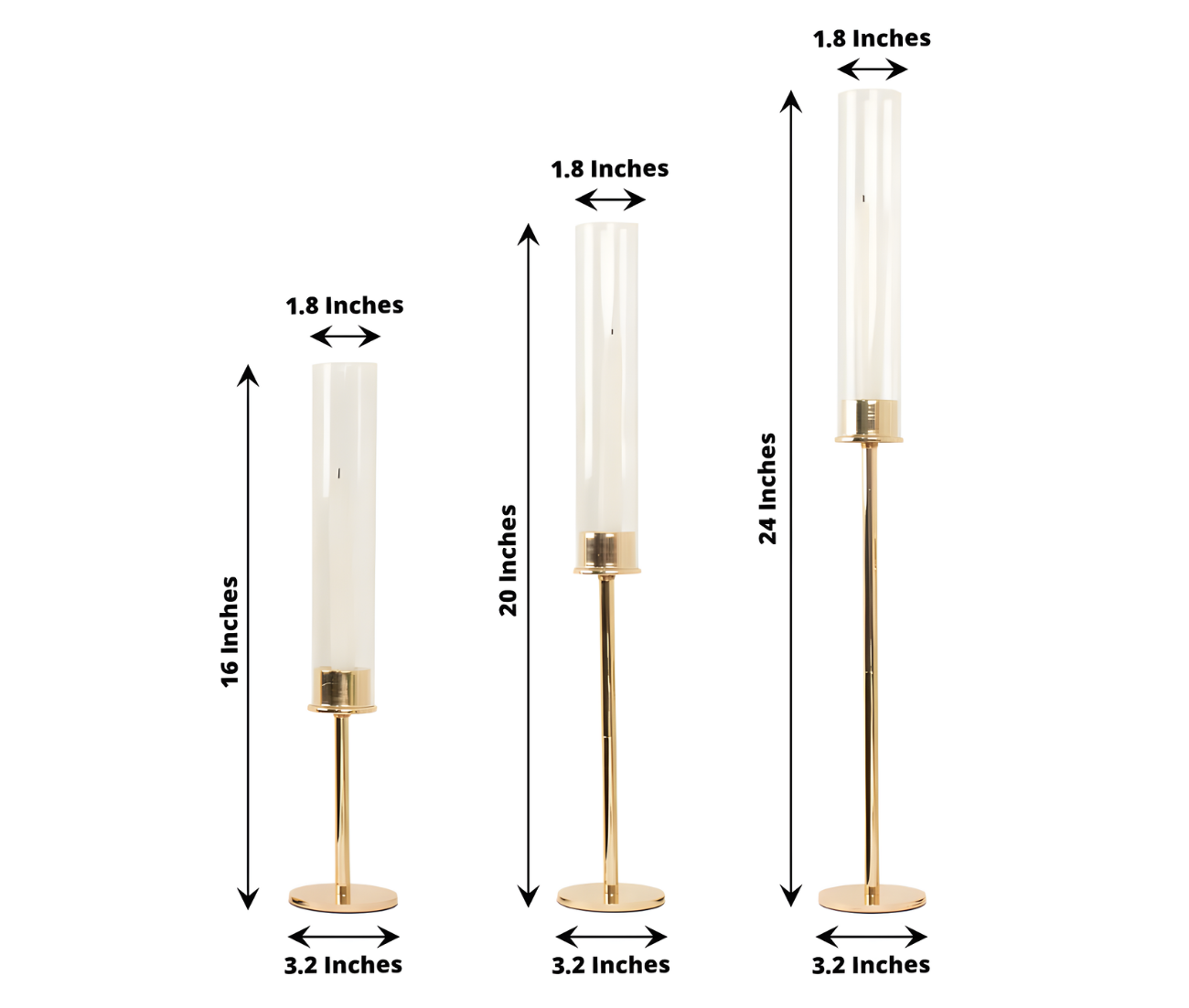 Wildly Custom Tall Gold Metal Clear Glass Taper Candlestick Holders, Hurricane Candle Stands With Glass Chimney Candle Shades 16", 20", 24" sizes