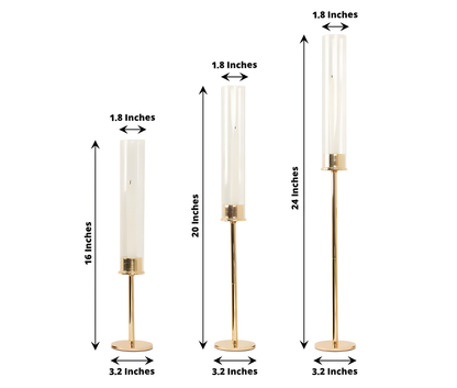 Wildly Custom Tall Gold Metal Clear Glass Taper Candlestick Holders, Hurricane Candle Stands With Glass Chimney Candle Shades 16", 20", 24" sizes