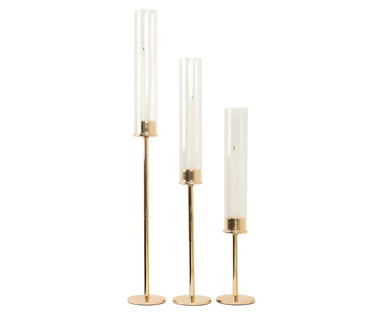 Wildly Custom Tall Gold Metal Clear Glass Taper Candlestick Holders, Hurricane Candle Stands With Glass Chimney Candle Shades 16", 20", 24"