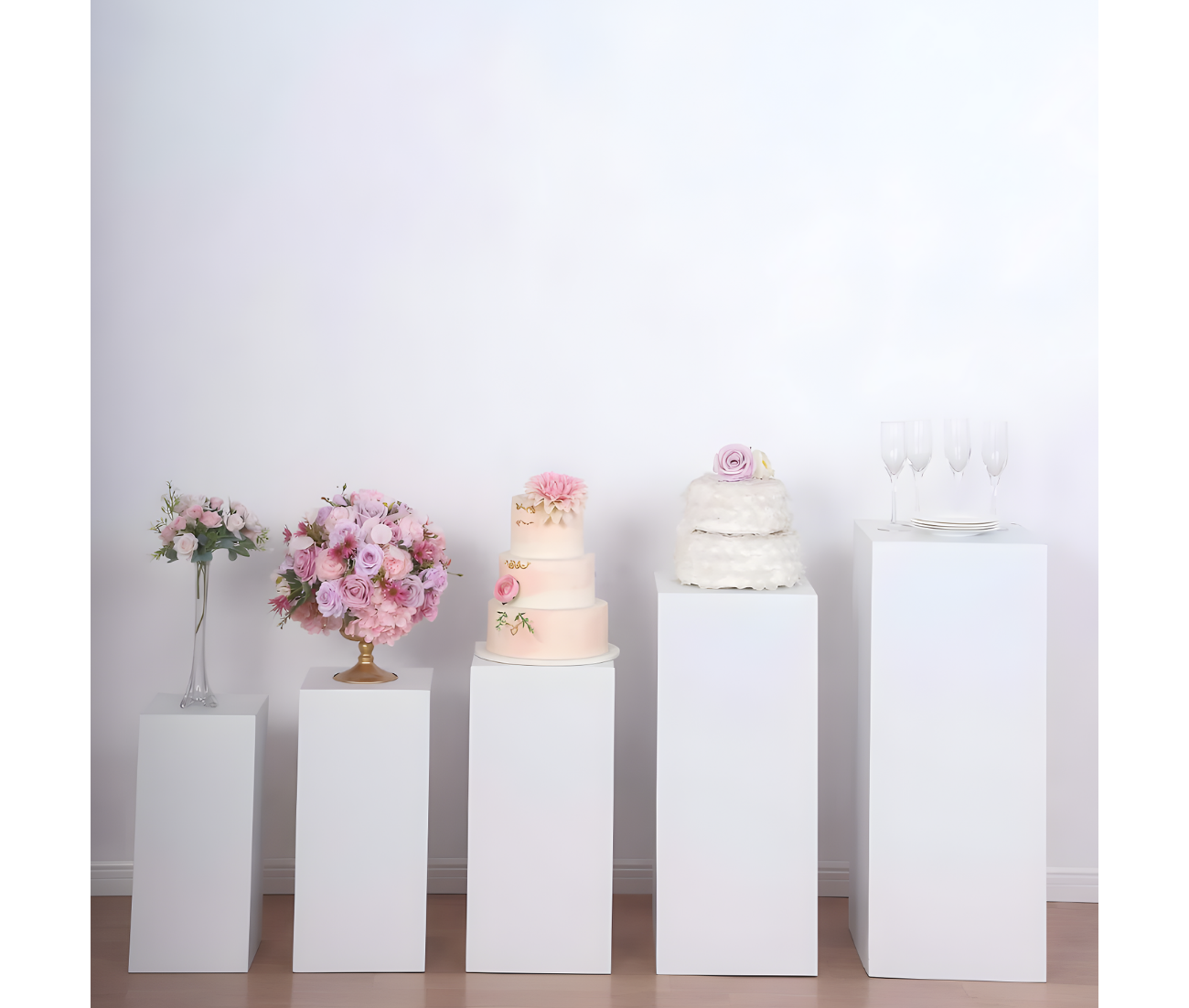 Wildly Custom Set of 5 White Metal Rectangular Prop Pedestal Stands For Aisle Decor, Plinth Pillar Display Boxes