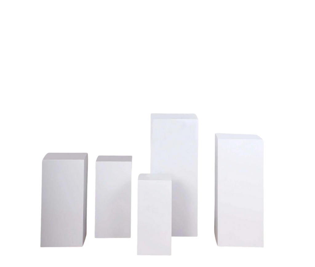 Wildly Custom Set of 5 White Metal Rectangular Prop Pedestal Stands For Aisle Decor, Plinth Pillar Display Boxes