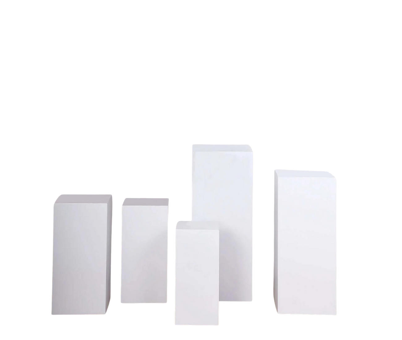 Wildly Custom Set of 5 White Metal Rectangular Prop Pedestal Stands For Aisle Decor, Plinth Pillar Display Boxes