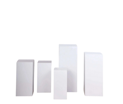 Wildly Custom Set of 5 White Metal Rectangular Prop Pedestal Stands For Aisle Decor, Plinth Pillar Display Boxes