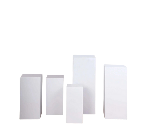 Wildly Custom Set of 5 White Metal Rectangular Prop Pedestal Stands For Aisle Decor, Plinth Pillar Display Boxes