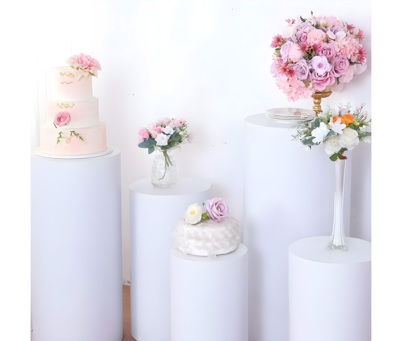 Wildly Custom Set of 5 White Metal Cylinder Pillar Prop Stands For Wedding Aisle, Round Plinth Pedestal Display Boxes - 20", 22", 24", 26", 29"