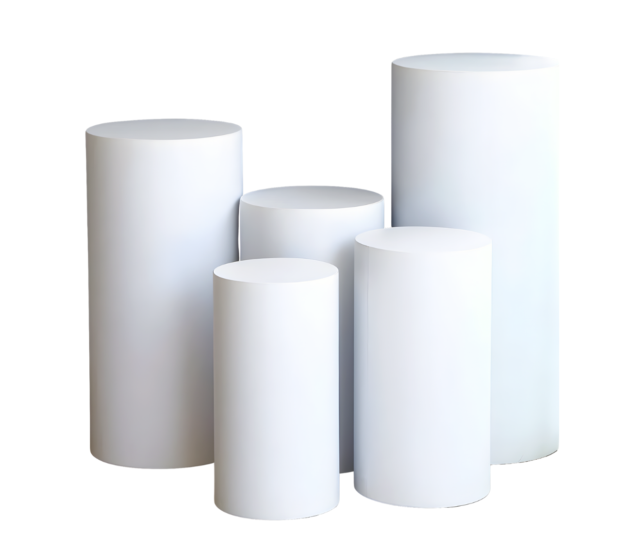 Wildly Custom Set of 5 White Metal Cylinder Pillar Prop Stands For Wedding Aisle, Round Plinth Pedestal Display Boxes - 20", 22", 24", 26", 29"