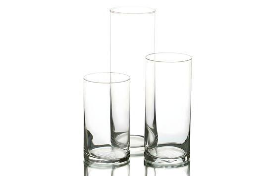 Three piece glass cylinders for rent in long island new york. Perfect for floating candles table centerpieces.