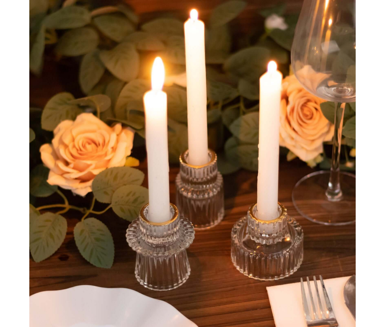 Wildly Custom Clear Ribbed Crystal Glass Taper Candle Holders With Gold Rim, Reversible Mini Votive Tealight Candle Stands 3"